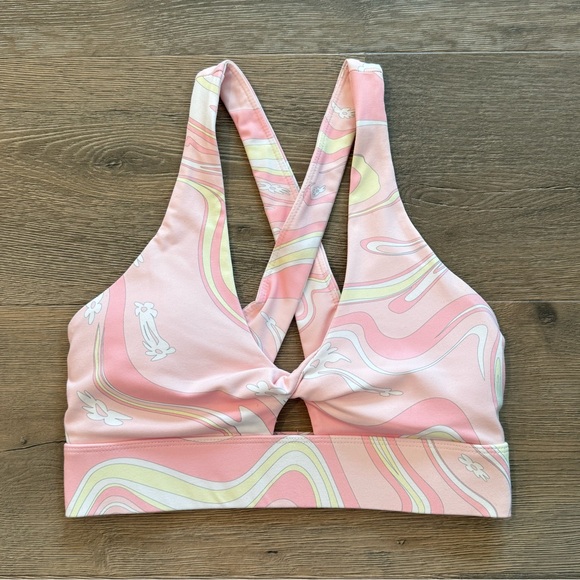 Fabletics Other - Fabletics Oasis Twist Sports Bra Marble Daisy Guava Pink Yellow White Retro